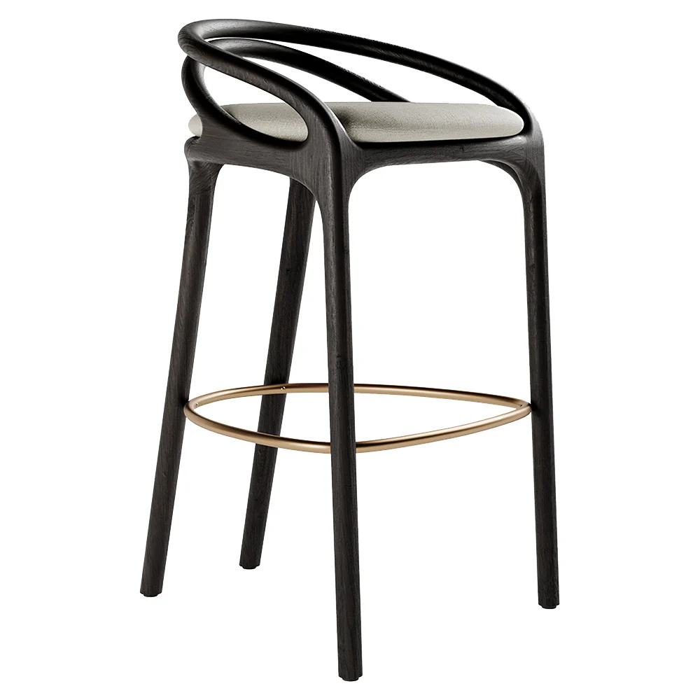 Aleta Bar Stool - Beige Chenille, Brass, Dark Brown Teak Frame - Image 2