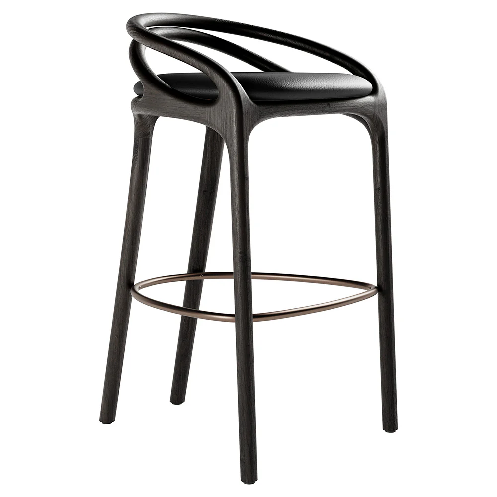 Aleta Bar Stool - Black Leather, Bronze, Dark Brown Teak Frame - Image 2