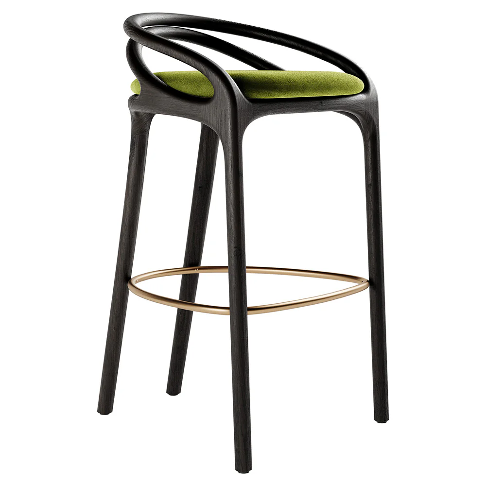 Aleta Bar Stool - Green Velvet, Brass, Dark Brown Teak Frame - Image 2
