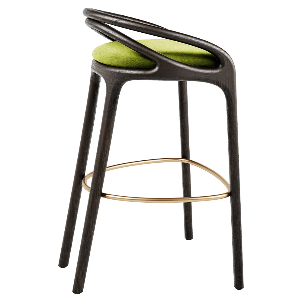 Aleta Bar Stool - Green Velvet, Brass, Dark Brown Teak Frame - Image 3