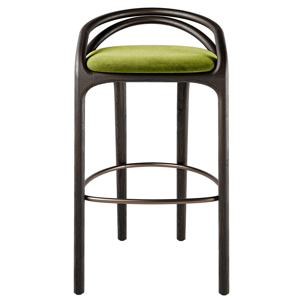 Aleta Bar Stool - Green Velvet, Bronze, Dark Brown Teak Frame