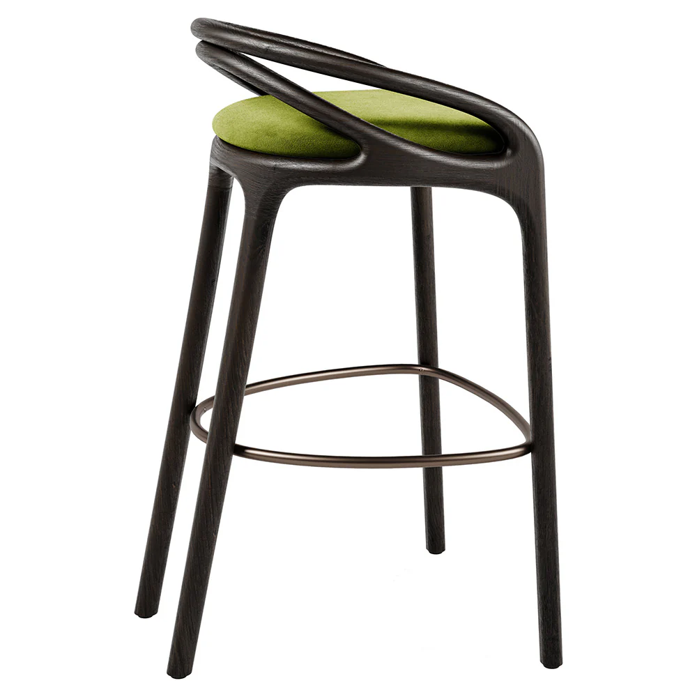 Aleta Bar Stool - Green Velvet, Bronze, Dark Brown Teak Frame - Image 2