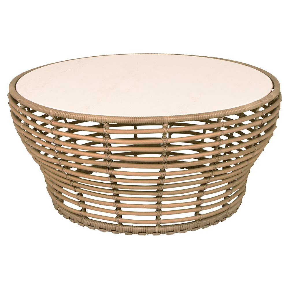 Basket Large Coffee Table - Travertine Look Ceramic Top, Natural Weave Base