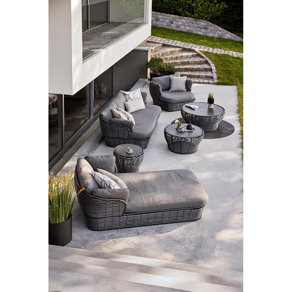 Basket Medium Coffee Table - Travertine Look Ceramic Top, Graphite Weave Base - Image 5