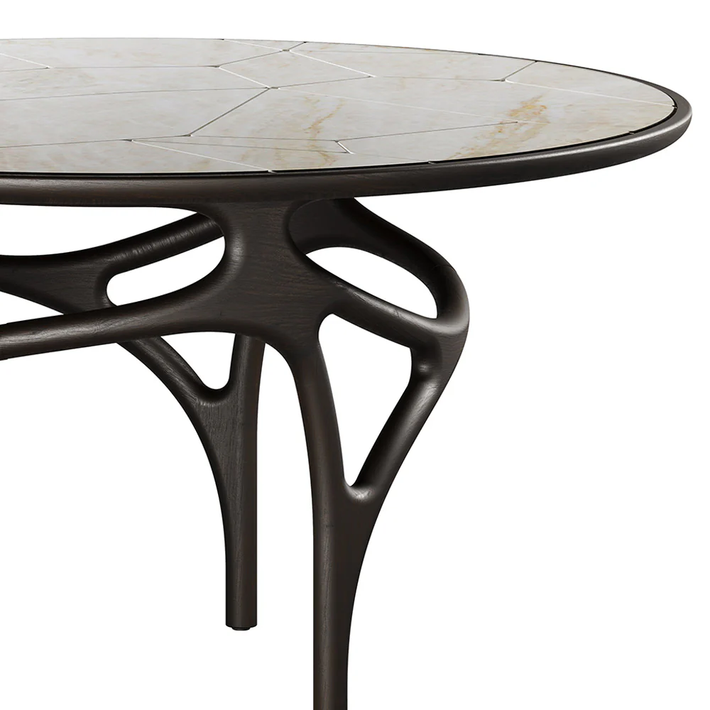 Cena Dining Table - Engraved Beige Quartzite Top, Dark Brown Teak Base - Image 2