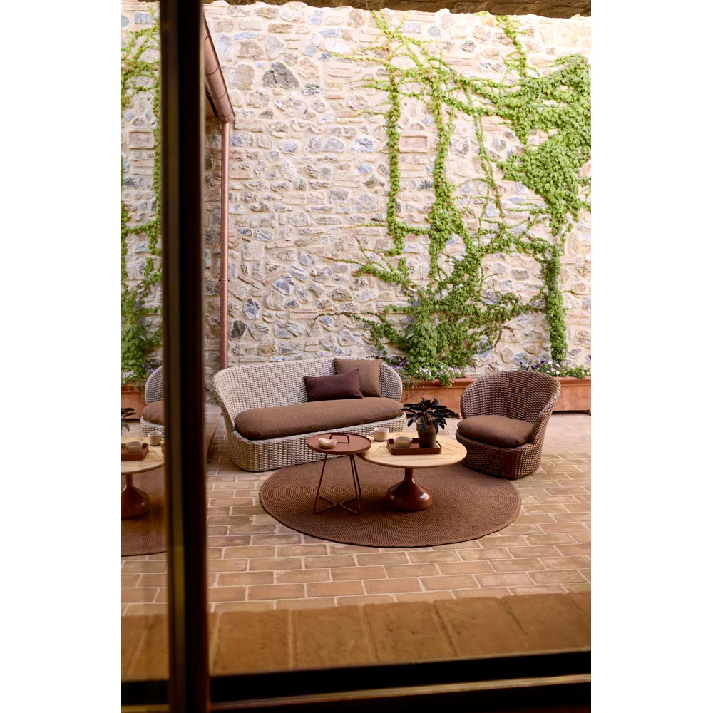 Glaze Large Coffee Table - Teak Geometric Top, Desert Red Aluminum Base - Image 5