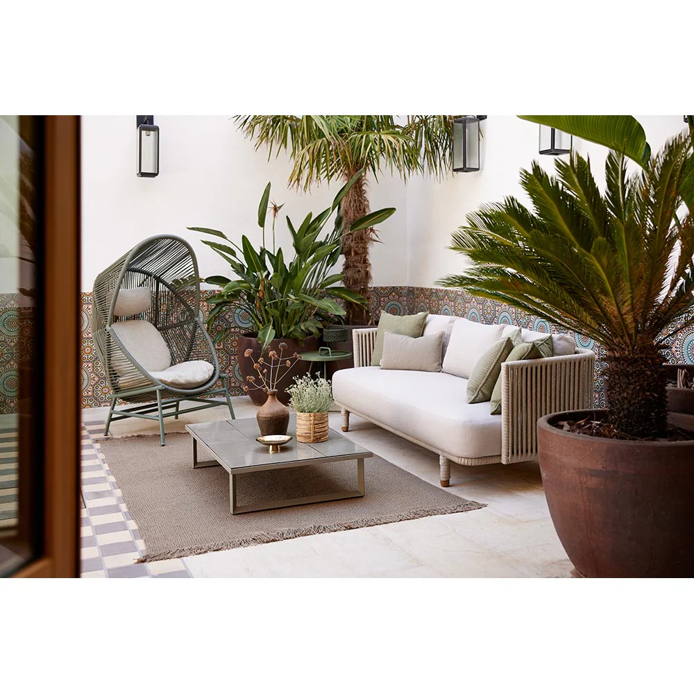 Hive Outdoor Chair - Light Brown Cushions, Dusty Green Weave Chair, Taupe Rope Suspension - Image 8