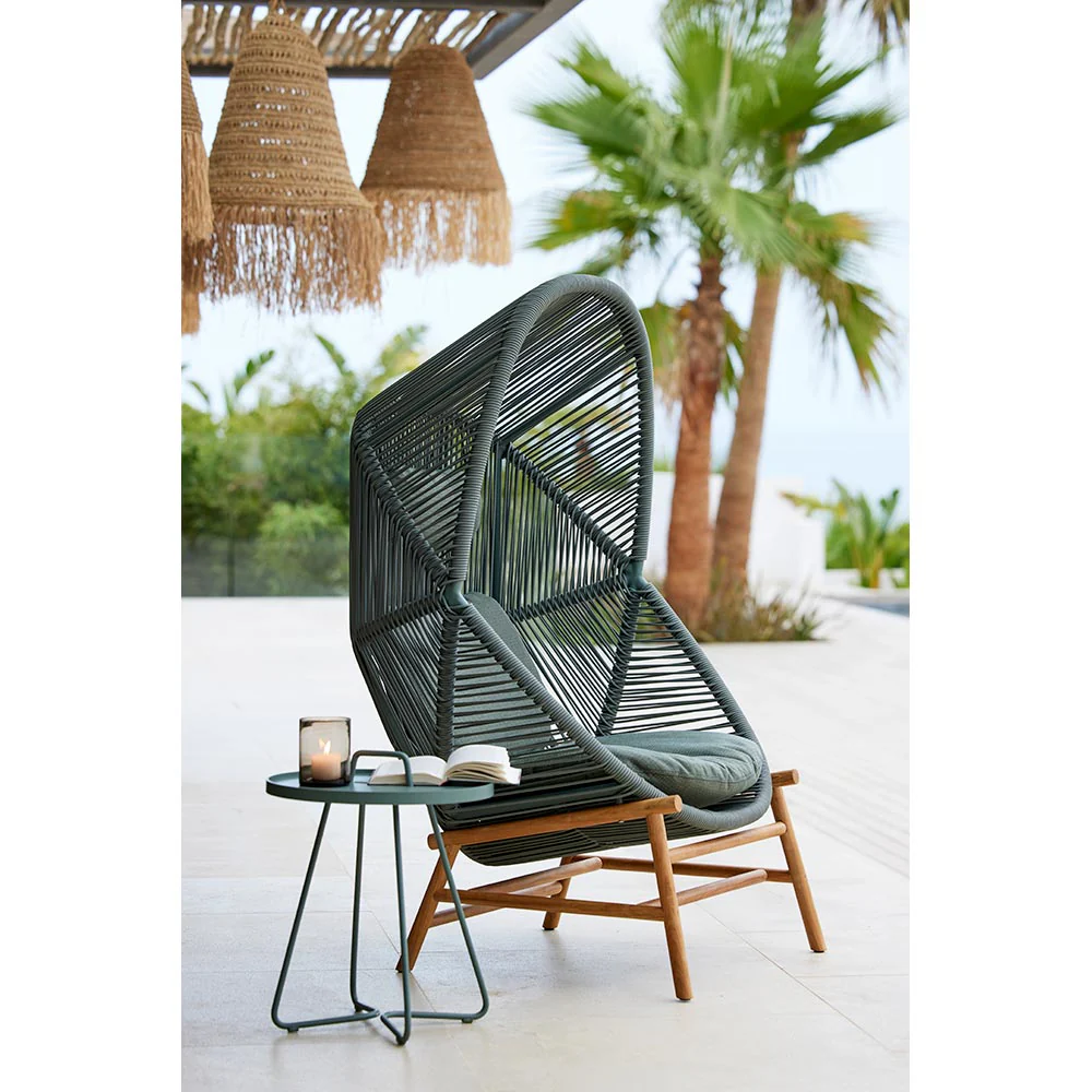 Hive Outdoor Chair - Light Brown Cushions, Dusty Green Weave Chair, Teak Base - Image 3
