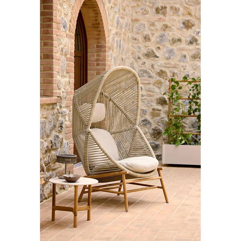 Hive Outdoor Chair - Turmeric Yellow Cushions, Natural Weave Chair, Teak Base - Image 7