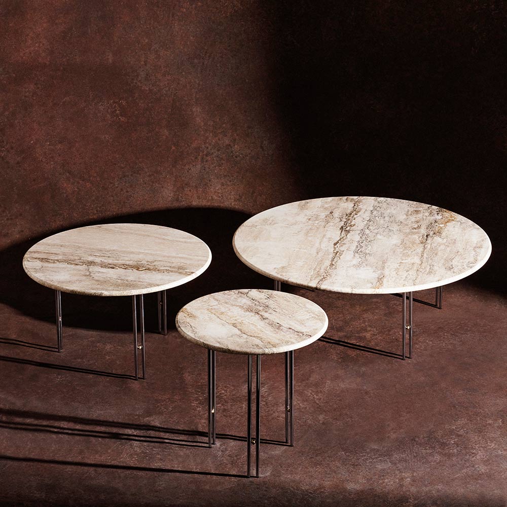 IOI Round Medium Coffee Table - Rippled Beige Travertine, Chrome Base - Image 3