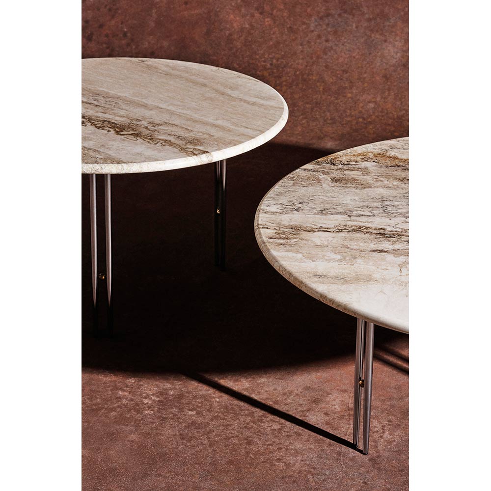 IOI Round Medium Coffee Table - Rippled Beige Travertine, Chrome Base - Image 4