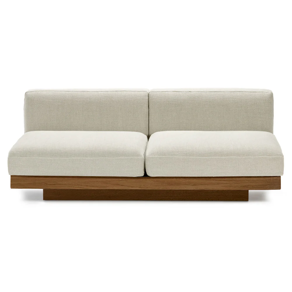 Rudolph 2 Seater Bench Sofa - Beige Cushions, Cognac Oak Base - Image 2