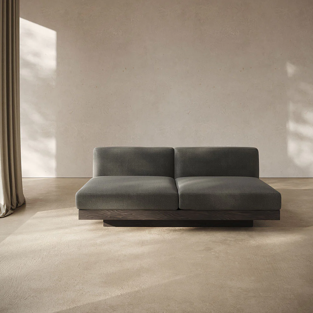 Rudolph 2 Seater Bench Sofa - Smoke Cushions, Black Oak Base - Image 7