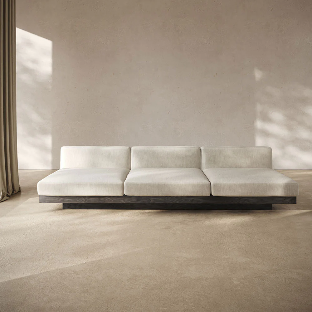 Rudolph 3 Seater Bench Sofa - Beige Cushions, Black Oak Base - Image 5