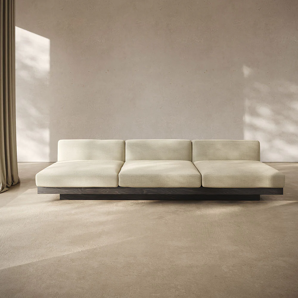 Rudolph 3 Seater Bench Sofa - Sand Cushions, Black Oak Base - Image 8