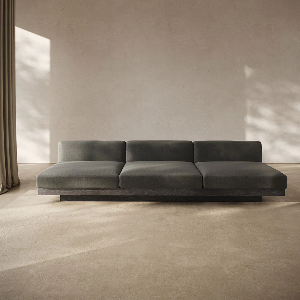 Rudolph 3 Seater Bench Sofa - Smoke Cushions, Black Oak Base - Image 7