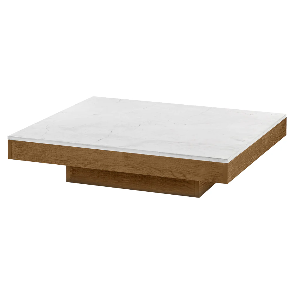 Rudolph Rectangular Large Coffee Table - White Marble Top, Cognac Oak Base