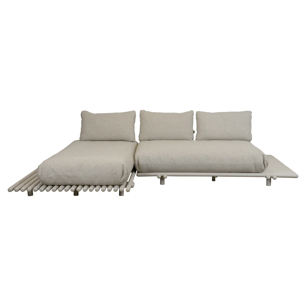 Sticks Platform Sofa With Chaise Lounge - Desert Sand Cushions, Aluminum Platform