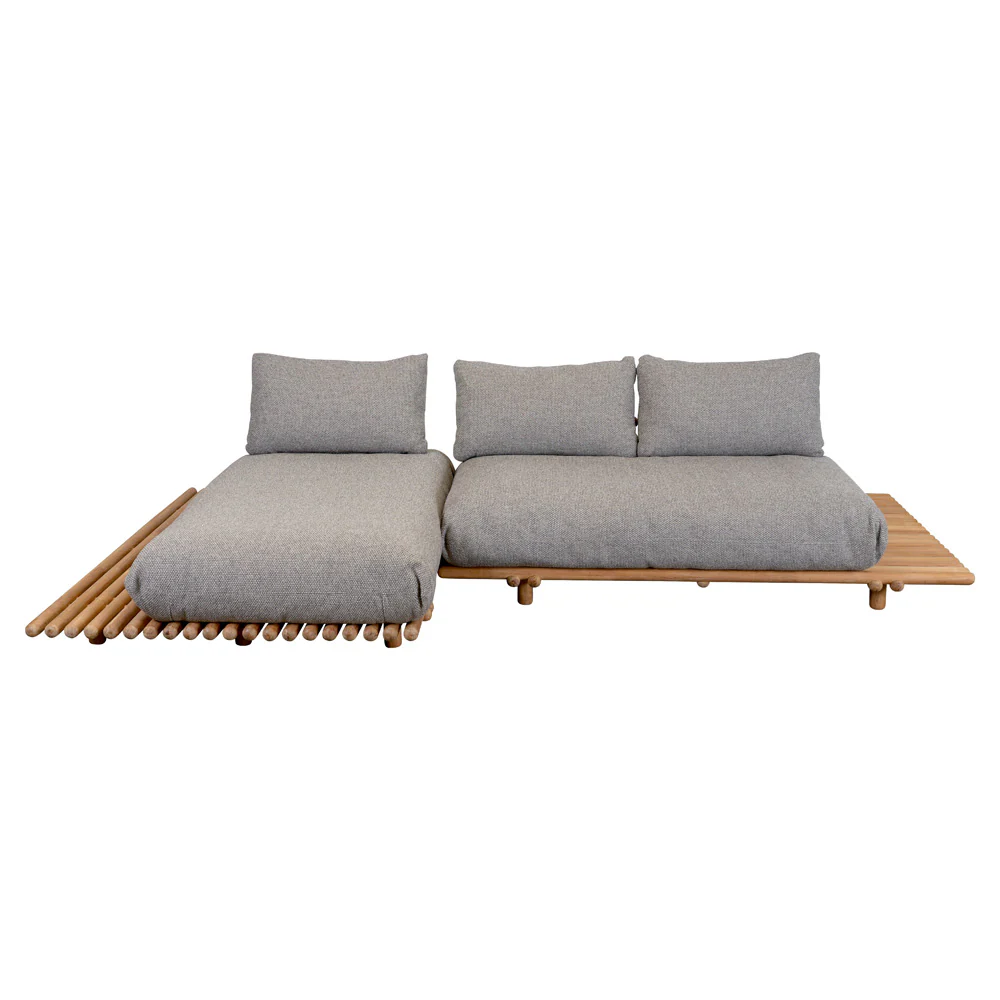 Sticks Platform Sofa With Chaise Lounge - LIght Brown Cushions, Teak Platform