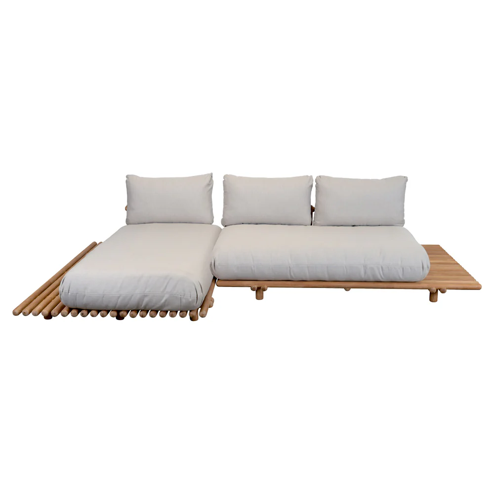 Sticks Platform Sofa With Chaise Lounge - Sand Cushions, Teak Platform