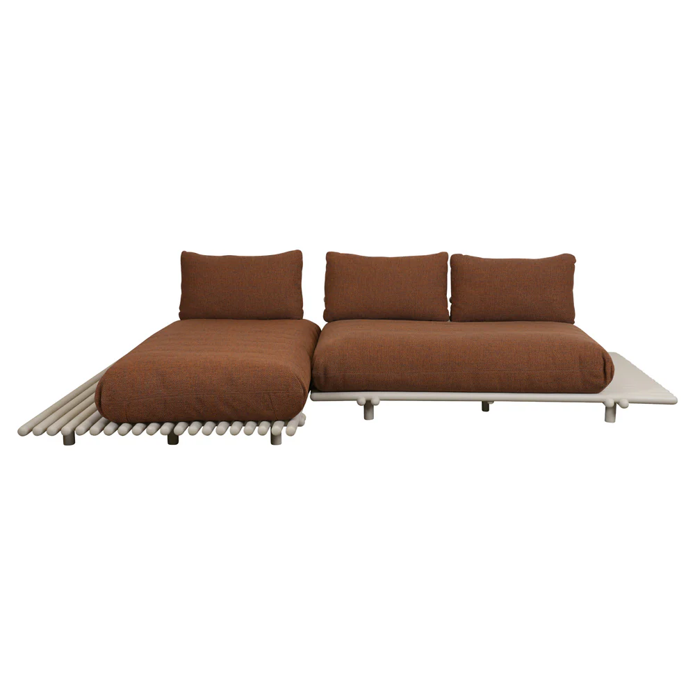 Sticks Platform Sofa With Chaise Lounge - Umber Brown Cushions, Aluminum Platform