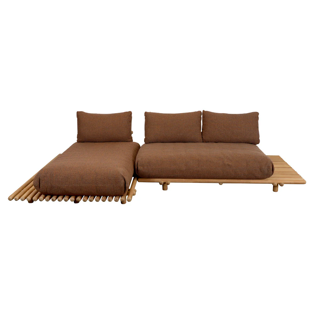 Sticks Platform Sofa With Chaise Lounge - Umber Brown Cushions, Teak Platform