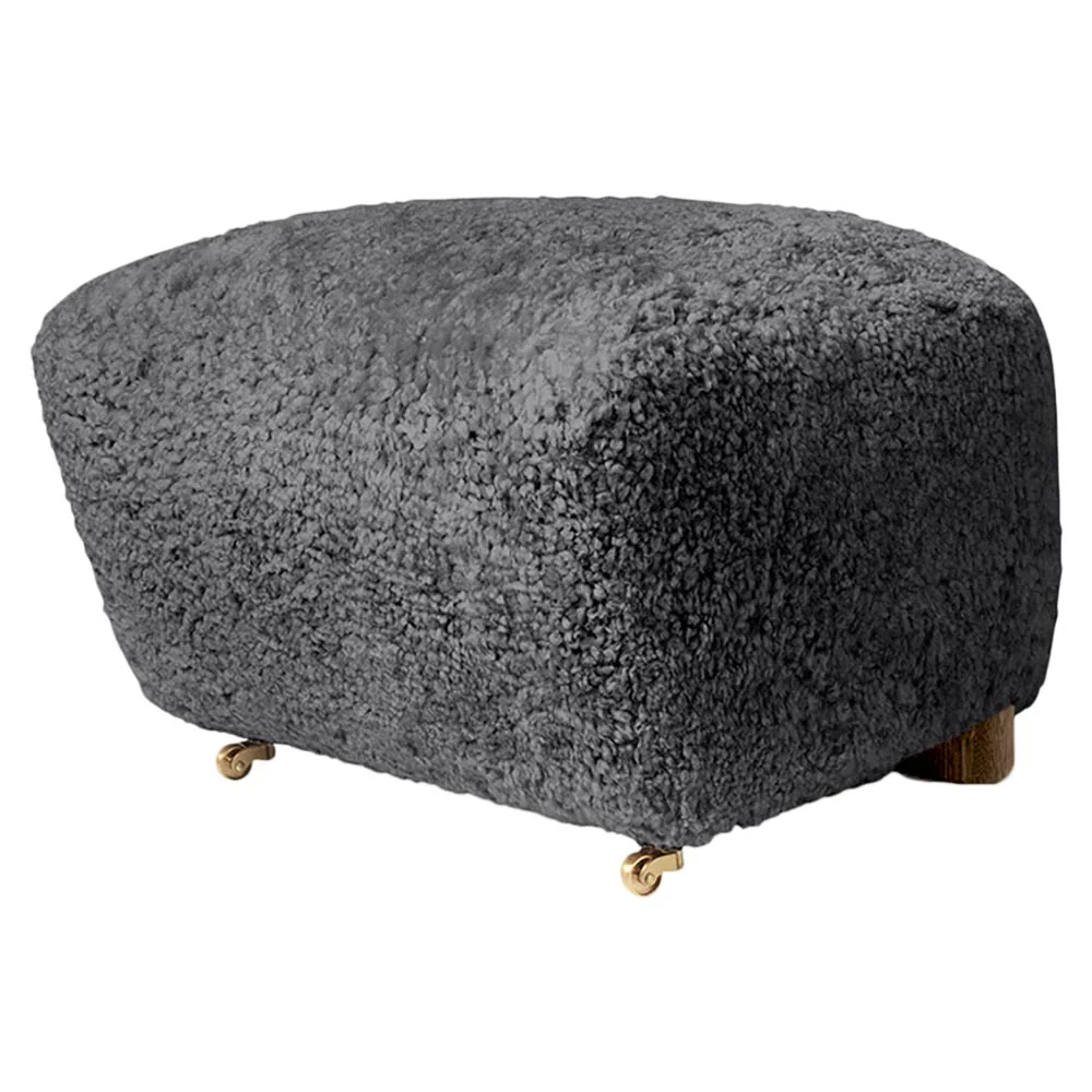 The Tired Man Footstool - Anthracite Sheepskin, Dark Stained Oak