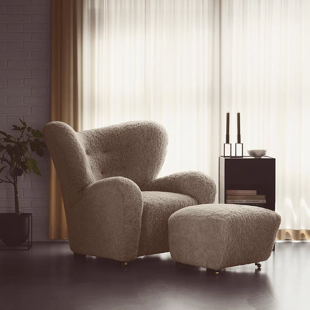 The Tired Man Lounge Chair - Green Tea Sheepskin, Dark Stained Oak - Image 6