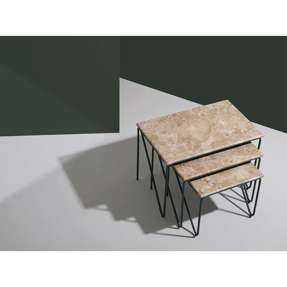 Triptych Nesting Tables - Cedar Green Frame, Monaco Brown Marble Top - Image 5
