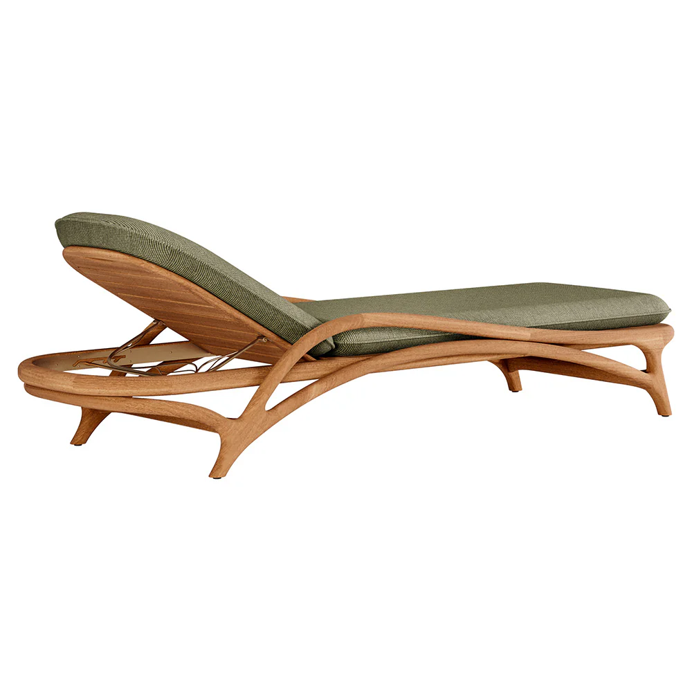 Zen Outdoor Adjustable Lounger - Green Structured, Brass, Teak Frame - Image 3